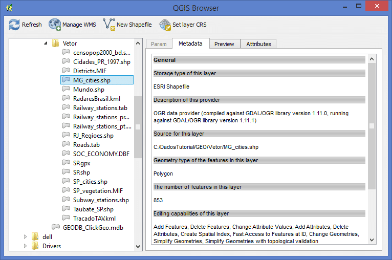 Usando o QGIS Browser: Metadados