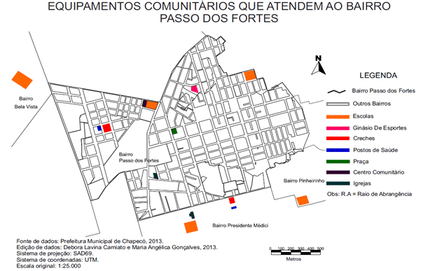 Mapa 01 – Localização de equipamentos comunitários que atendem ao bairro Passo dos Fortes. Fonte: CARNIATO; GONÇALVES, 2013.