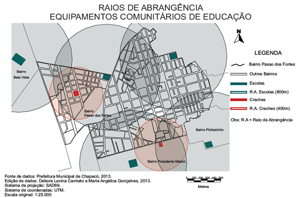 Mapa 02 – Raios de abrangência dos equipamentos de educação. Fonte: CARNIATO; GONÇALVES, 2013